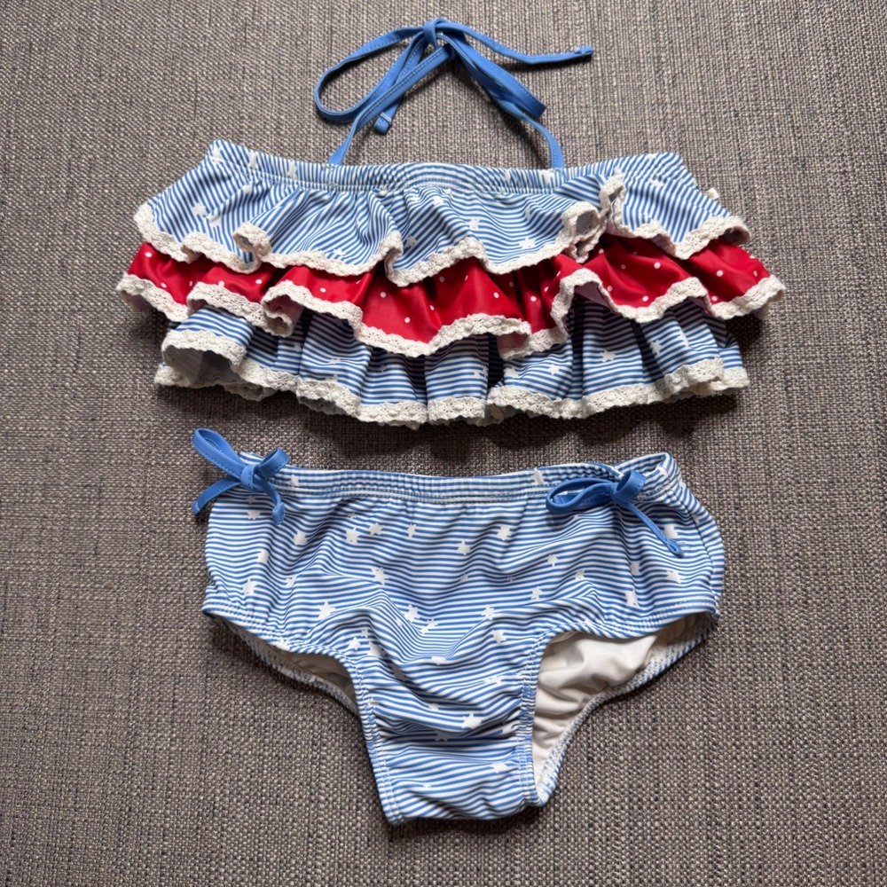 SweetHoney Girls Blue Red Striped Polka Dot Ruffle Two Piece Swimsuit Size 6Y